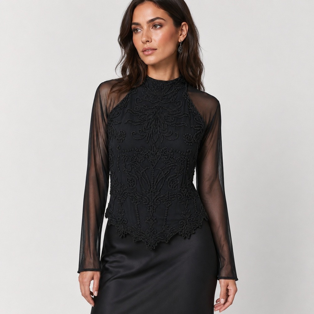 Vintage Laurence Kazar Silk Beaded Top S Black Sheer Mesh Whimsigoth Cocktail